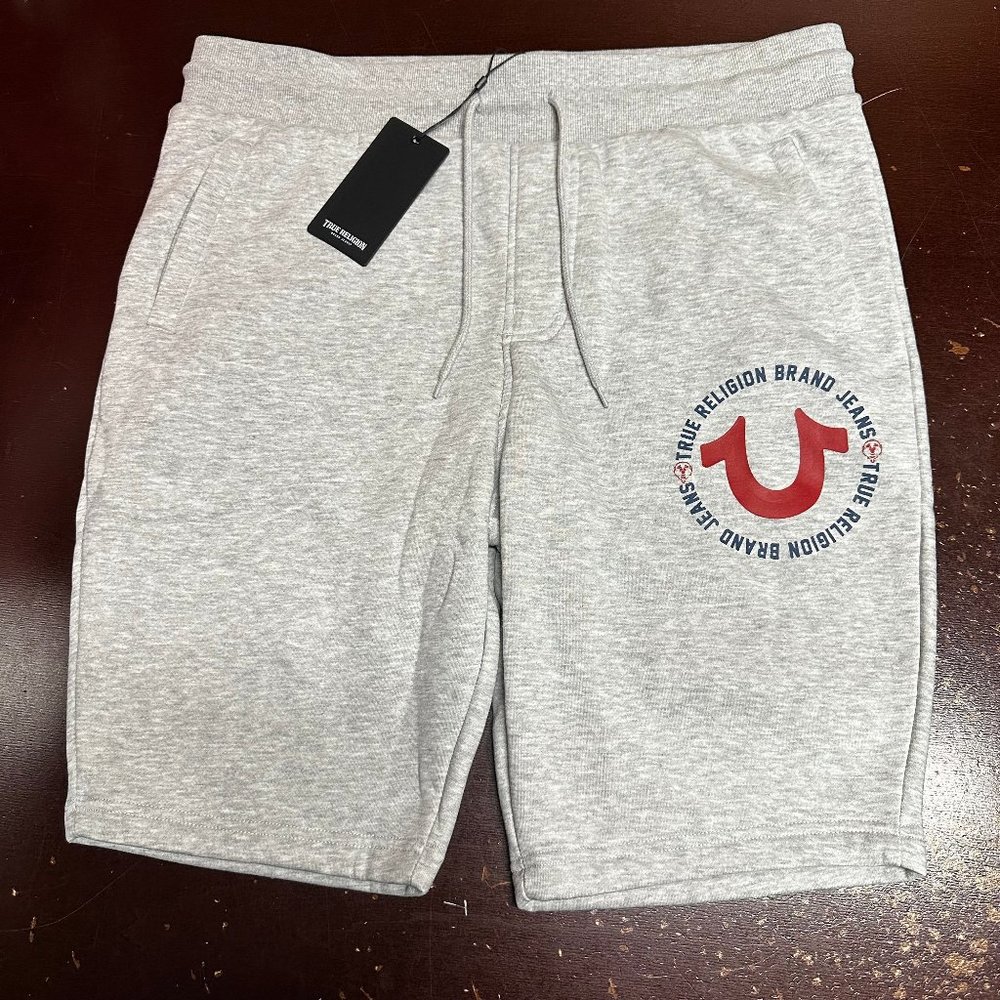 True Religion Mens Gray Heather Big TR Drawstring Fleece Sweat Shorts Size XL